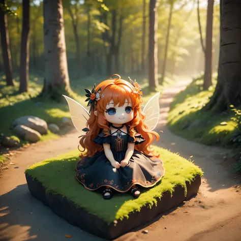 ​masterpiece、top-quality、ultra-detailliert、(Chibi Chara Fairy:1.3),Long orange wavy hair sways in the wind、Black eyes,The orange paper long dress has gorgeous decorations.,sit on orange,fairy tale summer forest,Open your mouth and smile