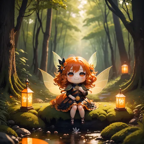 ​masterpiece、top-quality、ultra-detailliert、(Chibi Chara Fairy:1.3),Long orange wavy hair sways in the wind、Black eyes,The orange paper long dress has gorgeous decorations.,sit on orange,fairy tale summer forest,Open your mouth and smile