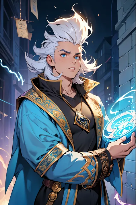 Casual clothing, Man of random height, casual build, with random hair, narrow incredulous eyes with an incredulous look. A wide round face complements a narrow nose, and thick lips, (Magic:1.3), (aura:1.3), in full height, (dream magician:1.4)