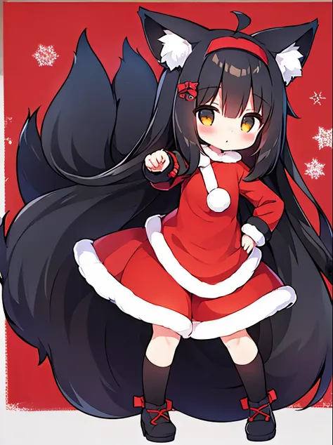 Black fox、girl with、santa clothes、messy black long hair、Full body standing picture