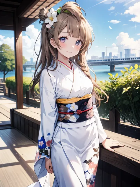 top-quality、anime girl with brown hair and beautiful flowers々park where flowers bloom kotori minami、arms behind your back、 [3d i...