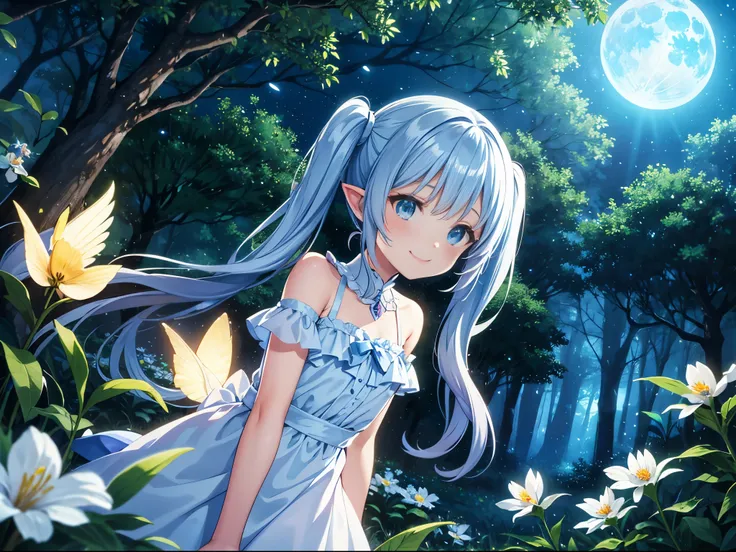 Dynamic Angle、 within a magical forest, a mystical fairy girl emerges, Girl Flying in the Sky、Light blue long hair、Hairstyle twin tails、Adorable smile, the glow of the moonlight,  flower bloom、A pure white owl flies in the sky、Sparkling fireflies are flyin...