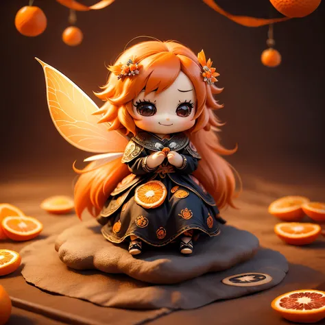 ​masterpiece、top-quality、ultra-detailliert、(Chibi Chara Fairy:1.3),Long orange wavy hair sways in the wind,Black eyes,The orange paper long dress has gorgeous decorations.,(sit on tangerine fruit:1.3),Open your mouth and smile。fairy tale summer forest,