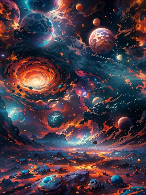 The image is、Capture mesmerizingly beautiful surreal and otherworldly space landscapes, The foreground of the image is vast, Deep Depth Of Field、Colorful nebulae, Colorful Planets - A vivid tapestry depicting various outer spaces, Vibrant colors. During th...