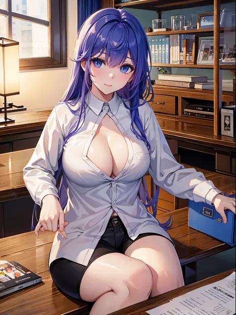 Tang Wutong, big boobs, wearing a shirt and shorts, studying at a table, home