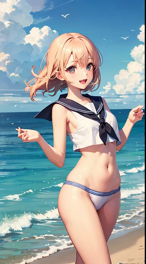 Musical characters are floating in the air, their skin is firm, their body proportions are perfect, their facial features are clear, their eyes are cute, pure, lively and cute. The girl is wearing a sailor suit and walking on the beach on the shore.