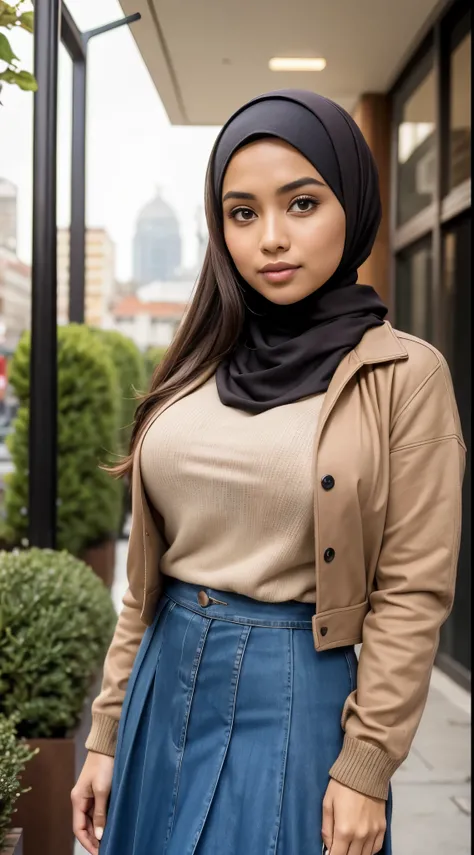 RAW, Best quality, high resolution, masterpiece: 1.3), beautiful Malay woman in hijab,Masterpiece, perfect fit body, big breast,big gorgeous eyes, Soft smile,beutiful face,thick thighs, woman in a brown skirt and a denim jacket, pleated skirt, cropped shir...