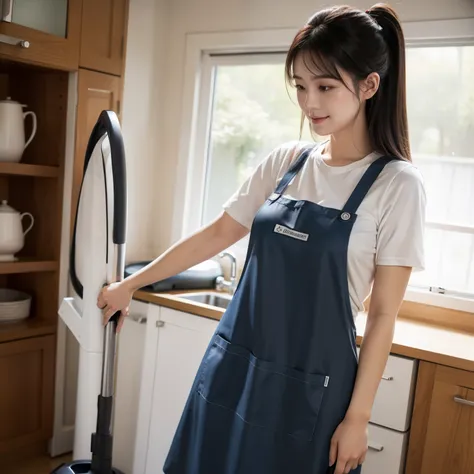 A woman wearing an apron、I have a vacuum cleaner。