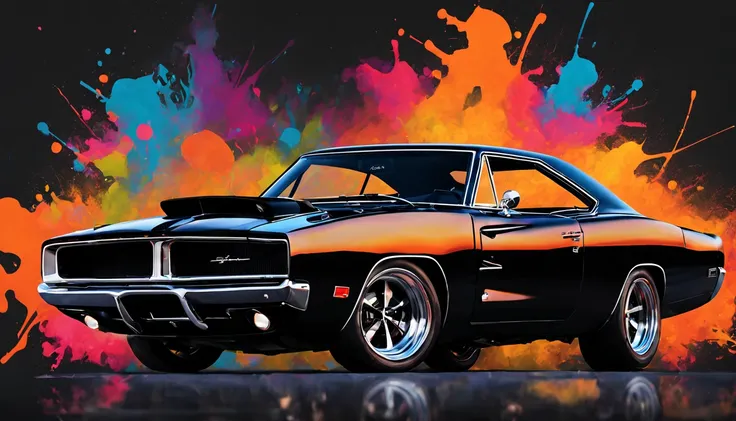 black 1969 DODGE CHARGER,DAYTONA 3d render, oil painting, poster, black, illustration,vibrant oil splater background,side facing,restomod