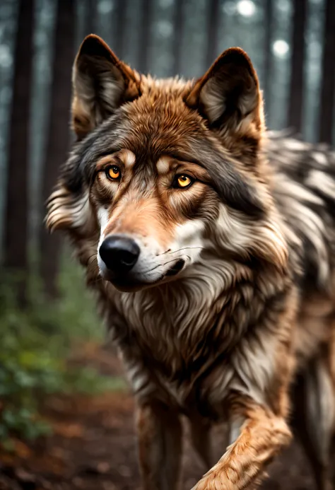 ((brown wolf)), forest wildfire, raining, bright eyes, glowing, 24mm, 4k, soft cinematic light, RAW photo, photorealism, photorealistic, intricate, elegant, highly detailed, sharp focus, ((cinematic look)), soothing tones, insane details, intricate details...