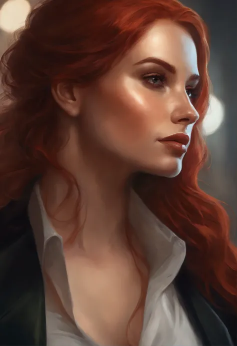 close-up of a woman with red hair and a black jacket, charlie bowater rich deep colors, charlie bowater character art, charlie bowater art style, neoartcore and charlie bowater, graphic artist magali villeneuve, inspired by Magali Villeneuve, artgerm and a...