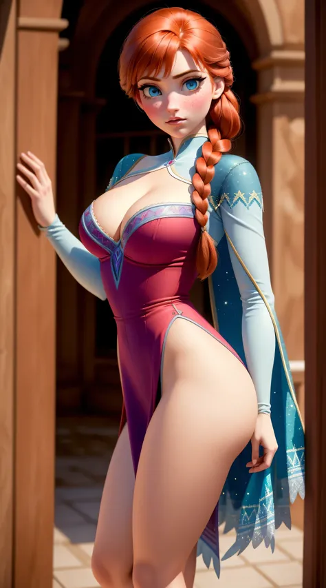 ,30 years old Anna from Frozen, woman, ((Masterpiece, best quality)), full body view, bursting huge breasts, detailed skin, Anna from Frozen,  highly detailed, cinematic lighting, ultra realistic, blush, looking at viewer, Anna, Anna from movie Frozen, red...