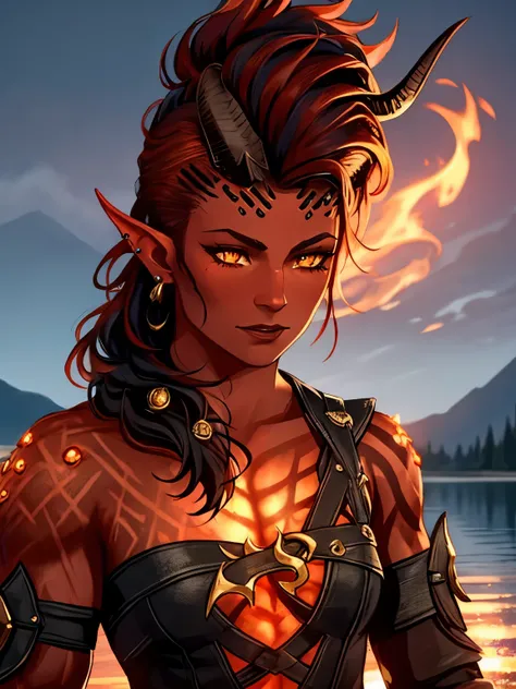 1female tiefling with red skin, looks like karlach from baldursgate, orange eyes,piercings on face, great  skin texture, great e...