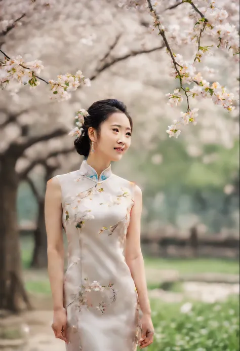 A beautiful asian girl with beautiful chinese cheongsam in a blossoms garden, standing under a tree, with falling flowers into the air, elegance, beauriful, aestheric