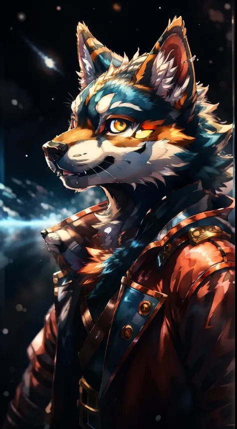 portrait anime adorable anthropomorphic wolf pirate from space, glowing eyes with reflection, watercolor, space background, Yoshikata Amano, Edwin Landseer, Ismail Inceoglu, Russ Mills, Victo Ngai, Bella Kotak, hyperdetailed 8K resolution HDR DSLR, ultra d...