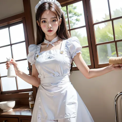 Best Quality、Masterpiece、4k.8k、details details、A woman wearing a cute apron that looks like a maid outfit、I&#39;m cleaning the windows。ren、Beautuful Women、Its shiny、Brown hair、Semi-long