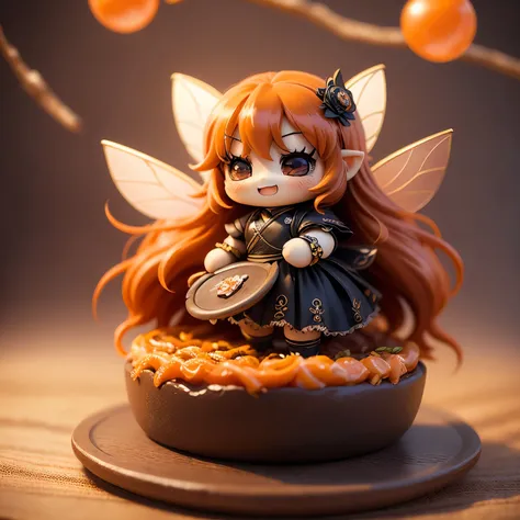 ​masterpiece、top-quality、ultra-detailliert、(Chibi Chara Fairy:1.3),Long orange wavy hair sways in the wind,Black eyes,valencia orange wraith,Open your mouth and smile。Large serving of Neapolitan spaghetti on a plate