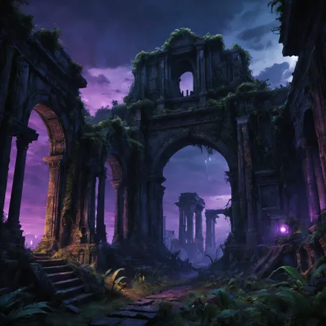 Mysterious ancient ruins，an overgrown，Warhammer 40K universe,Dimly lit sky, Purple light, Sateen,salama, hyper realisitc, The is very detailed,8K