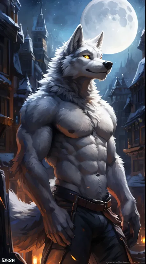 Wolf male, full body covered in fluffy fur, , big muscular chest, volumetric abs, day, , detailed, uploaded to e621, beautiful and detailed portrait of an anthropomorphic white wolf (((male))) kenket, ross tran, ruan jia, uploaded to e621, zaush, foxovh, m...