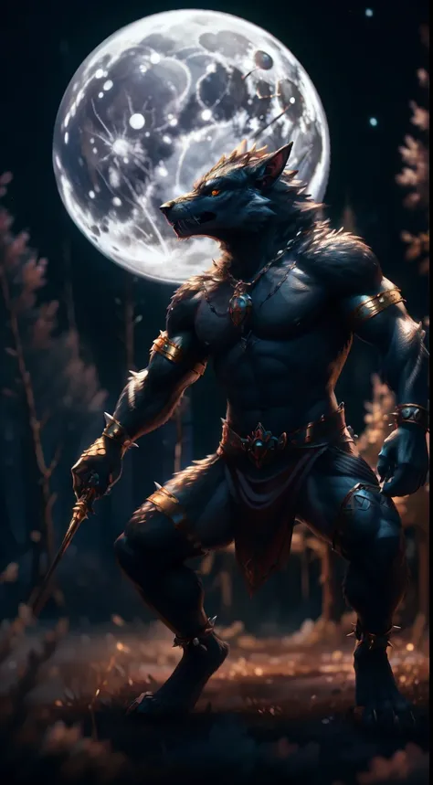 werewolf, hyperrealistic intricate perfect full body image of a gray-skinned, menacing, tailed, bare lower paws white werewolf in battle stance, wearing a Red tunic with silver filigree details, anklets, and spiked pauldrons wandering in a dark enchanted f...