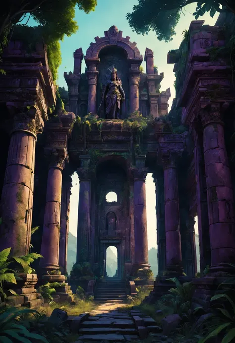 （Mysterious ancient ruins，warhammer 40k style），oil painted，Detailed and weathered ruins，Purple sky，salama，Intricately carved and impressive architectural structures，ruins covered with lush vegetation，Majestic statue guarding the entrance，Best quality at be...