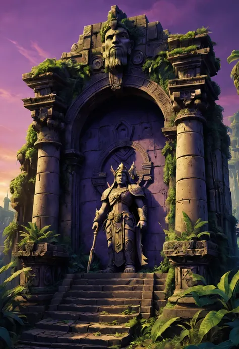 （Mysterious ancient ruins，warhammer 40k style），oil painted，Detailed and weathered ruins，Purple sky，salama，Intricately carved and impressive architectural structures，ruins covered with lush vegetation，Majestic statue guarding the entrance，Best quality at be...