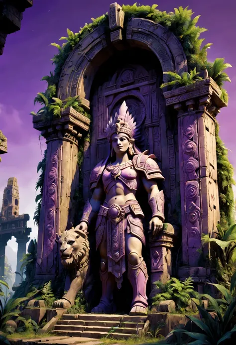 （Mysterious ancient ruins），oil painted，Detailed and weathered ruins，Purple sky，salama，Intricately carved and impressive architectural structures，ruins covered with lush vegetation，A majestic statue guarding the entrance in Warhammer 40k style，Best quality ...