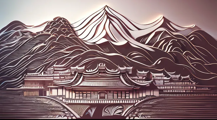 intricate illustration in cut art style，the great wall of china，render in 3d，and draw inspiration from postmodern art, as a play...