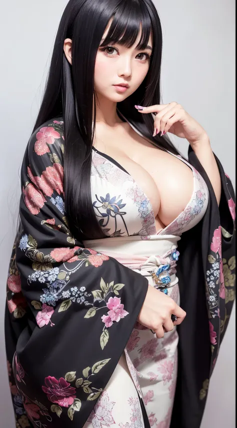 ((Best Quality)), ((masutepiece)), (Detailed), (highlight), Perfect face、Young girl with detailed face showing cleavage、Long, thick, glossy, beautiful black hair with blunt bangs、Single-color background、standing wearing a patterned kimono、