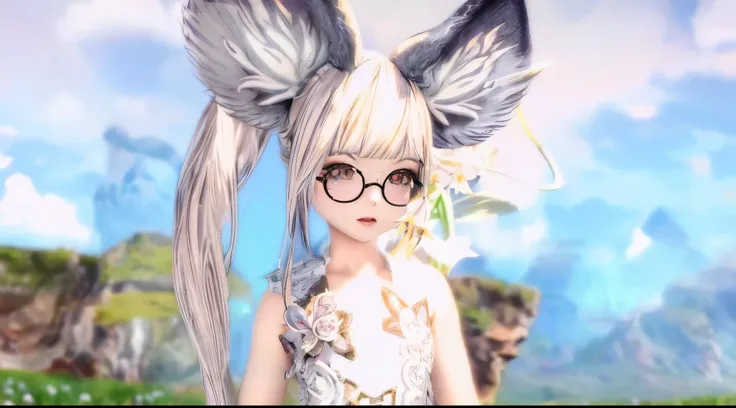 Anime girl wearing glasses and cat ears standing in the field, lalafell, exotic lily ears, pixie character, final fantasy 1 grid, hyper-detailed fantasy character, a scene from《Brave Breakthrough II》, change, blade and soul, close up character, Im going, B...