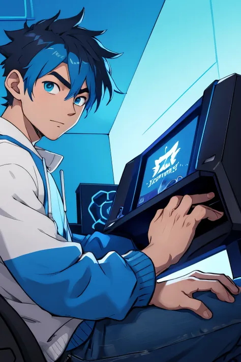 anime gamer boy with a blue theme