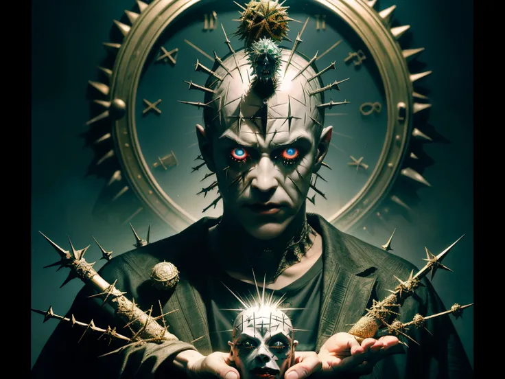 put a christmas tree on your head,Hologram by John Mossman, flickr, neo-dada, Hellraisers Pinhead, Hellraiser, Clive Barker, 8 0年代のhoror映画フィルム静止画, Stan Winston, horor", horor", cronenberg automata, Rick Baker, full - view, horor映画から