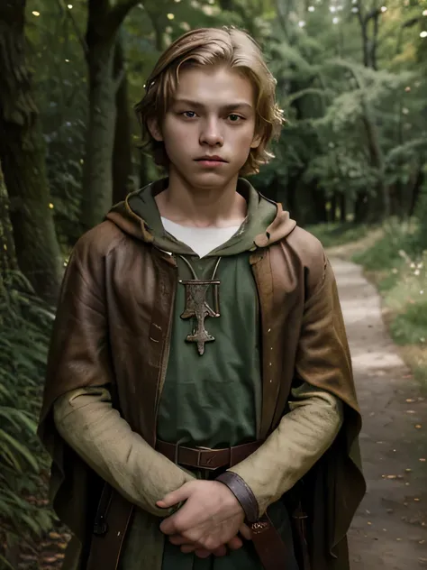 ((best quality)), ((masterpiece)), teenage boy, medieval, poor, blonde, cloak, small dagger, leather purse, short, on a forest path, looking at camera, green eyes, detailed eyes