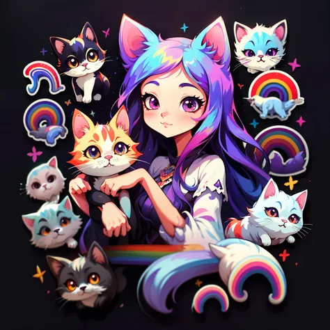 adesivo,1girl, fundo simples, retrato, girl with long hair, beautiful cat girl, kitty aesthetic, beautiful girl, very beautiful fantasy art, beautiful and elegant female kitty, beautiful detailed fantasy, raibow color palate, rainbow color-theme