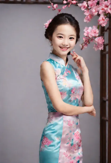 A beautiful girl in fheongsam with ekegance pose, cute smile, standing