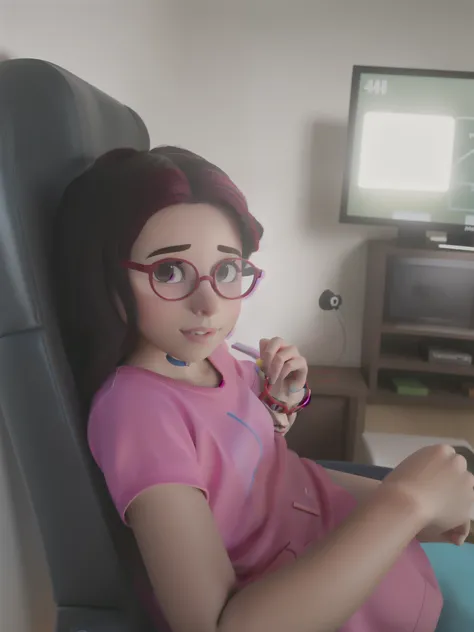 menina , Red glasses, cabelo cacheado, cabelo claro, estilo disney Pixar, melhor qualidade, alta qualidade, 4k