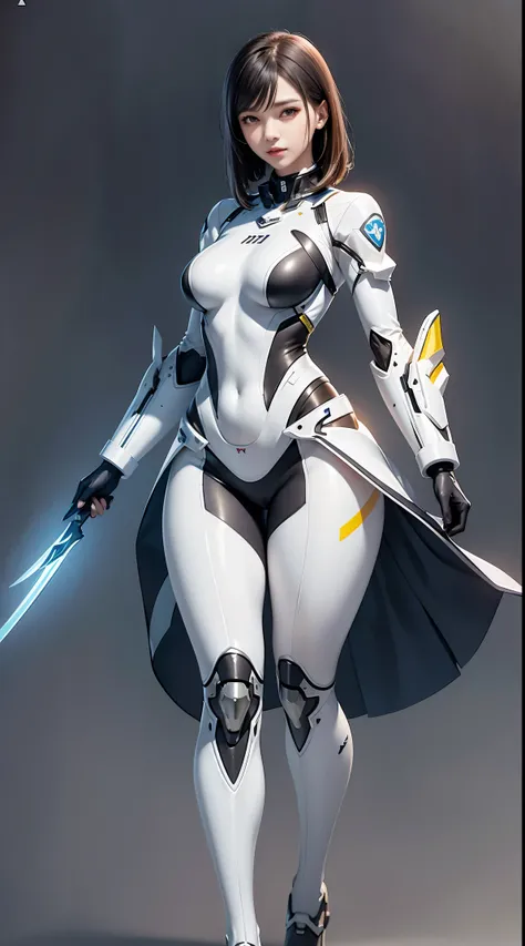 a woman in a futuristic suit with a sword,full-size photograph,Long legs, Slightly chubby,navel,Transparent skin,Perfect body shape,art feminine, Macro distance,mechanized valkyrie girl, ferra white mecha, girl in mecha cyber armor, female mecha, extremely...