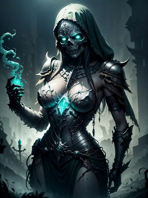 (best quality,highres,masterpiece:1.2),ultra-detailed,realistic:1.37,female necromancer with Mysterious Ancient Relic, metal skull mask, necromancy, luminous relic, magic, ancient tomb