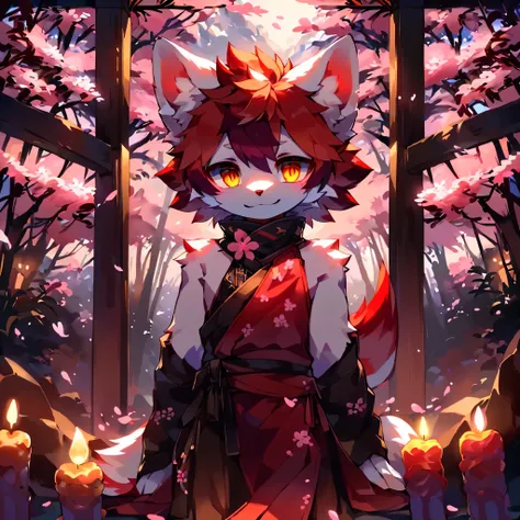 tmasterpiece, high quality portrait, Highest definition, dramatic lights, Complicated details, Focus sharp, 16k,A white fox,schoolboy, ((fake smile))), ((( (Perfect anatomy)))), ((holding traditional candle)), (( SakuraNS)), Momiku, fluffy mane, gold eyes,...