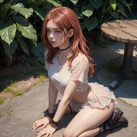 (masterpiece, best quality) (((8kbestqualitty))), ((intricatedetail)) ((blushing)), wet, sweaty, fair skin, redhead hair, short wavy hair, waifu freckles, ((submissive eyes)),choker, slutty woman nsfw outfit, ((messy hair)), short skirt, fishnet thighs, we...