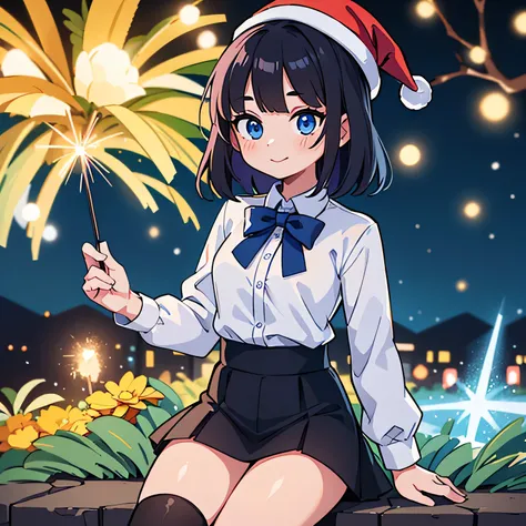 (ultra bright color, masterpiece, best quality, bloom, warm soft light, modern, hi-tech), 1girl, solo,in a New Years hat , with sparklers In one hand, (New Year background behind the Christmas tree 2024), white shirt, (black skirt) ,white stockingeautiful ...