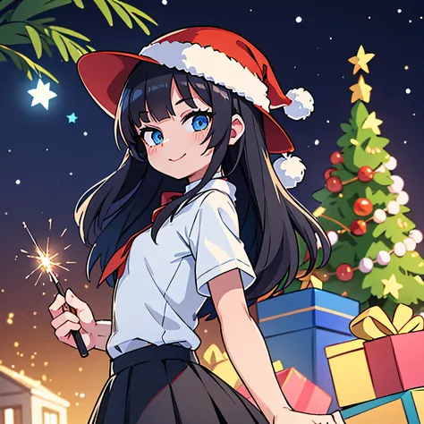 (ultra bright color, masterpiece, best quality, bloom, warm soft light, modern, hi-tech), 1girl, solo,in a New Years hat , with sparklers In one hand, (New Year background behind the Christmas tree 2024), white shirt, (black skirt) ,white stockingeautiful ...