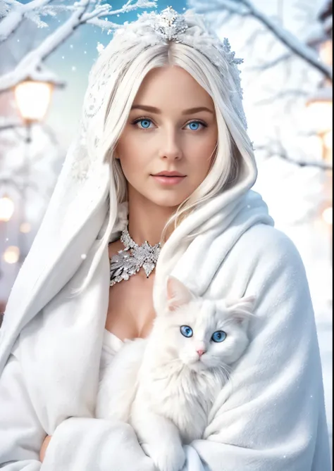 A gorgeous European blonde woman, she&#39;s a men&#39;s magazine model, flirts with camera, in a white coat holding a dark grey ragdoll cat in her arms, goddess of winter, queen of winter, graphic artist magali villeneuve, inspired by Magali Villeneuve, ka...