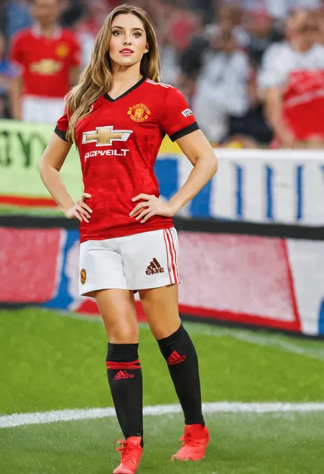 an extremely realistic, 8k masterpiece of a european beauty wearing a manchester united jersey at a stadium. the girl has beauti...