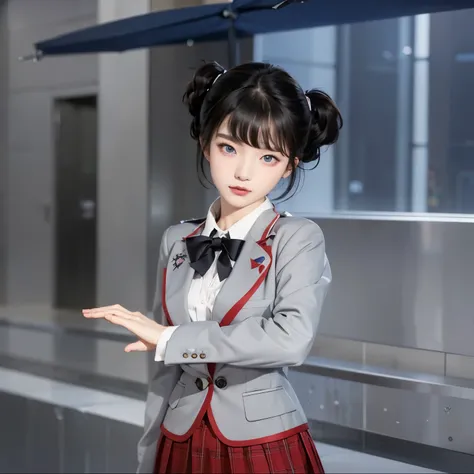 there is a korean girl in a school uniform with black lasso standing in a hallway, two folded black hair, blue eyes with red eye shadow, pointed nose, beautiful lips with a devil smile, realistic ultra details