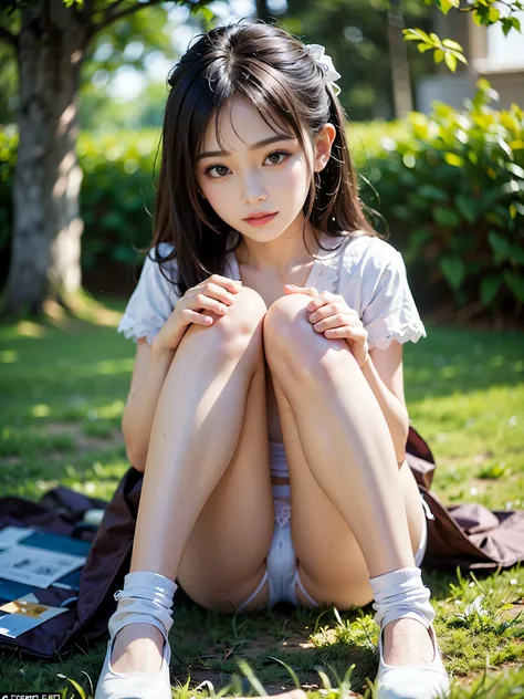 undergarment, photo of 15 years old girl, cute little, ((KPOP Idol)), ((Lace panties, pantyshot,White panties are visible))、 ((Physical education sitting、Sitting on the grass with both hands holding knees、A-shaped legs)), A dark-haired, blurry backround, k...