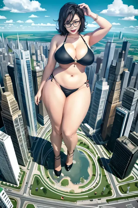 der riese art, 非常に詳細なder rieseショット, der riese, Shorthair, Giant woman bigger than a skyscraper, Wearing rimless glasses, Colossal tits, Big ass, Bikini swimwear, very small metropolis, Trying to destroy a miniature metropolis, Full body depiction, nffsw, g...