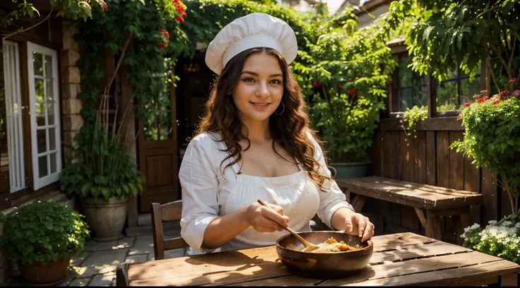 Hungarian chef girl, goulash in the background, oil painting, vibrant colors, picturesque garden, warm sunlight, detailed facial features, long eyelashes, curly hair, traditional chef hat, plump tomato, savory paprika, wooden spoon, steam rising from the p...