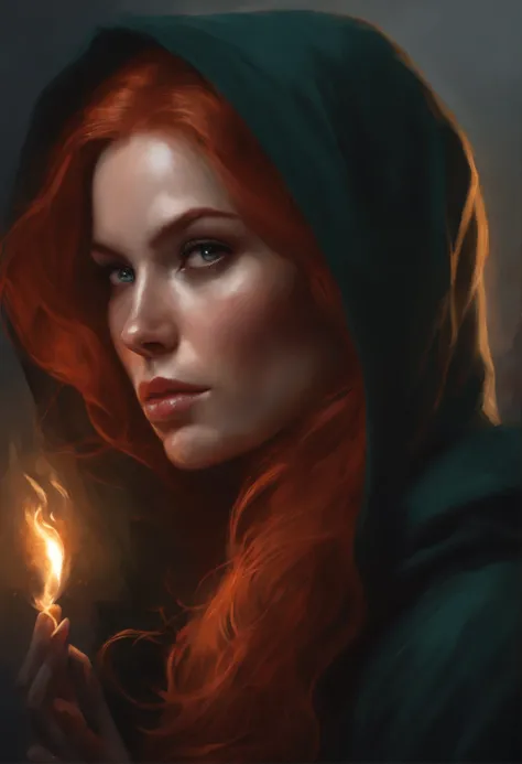 Painting of a woman with red hair and a hoodie, fire, scratch on face, beautiful character painting, red haired goddess, graphic artist magali villeneuve, alena aenami and artgerm, fantasy concept art portrait, female redhead templar, Artgerm Craig Mullins...