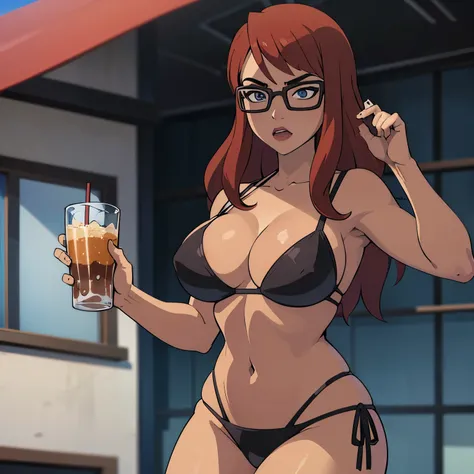 CARTOON_barbara_ownwaifu,cell Shading,anime coloring,black bikini,holding a soda,masterpiece,best quality,.ownwaifu.com,long hair,glasses,red hair,blue eyes,black-framed eyewear,breasts,under-rim eyewear,semi-rimless eyewear, curvy, toned, large breasts, n...